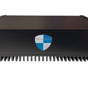 a black box with a blue and white logo