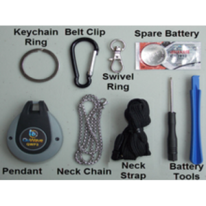 A round Keychain ring, A Black Belt Clip, A swivel Ring , A Round Spare battery, A Black Pendent, A neck Chin ,A Black Strap, A long Battery Tools